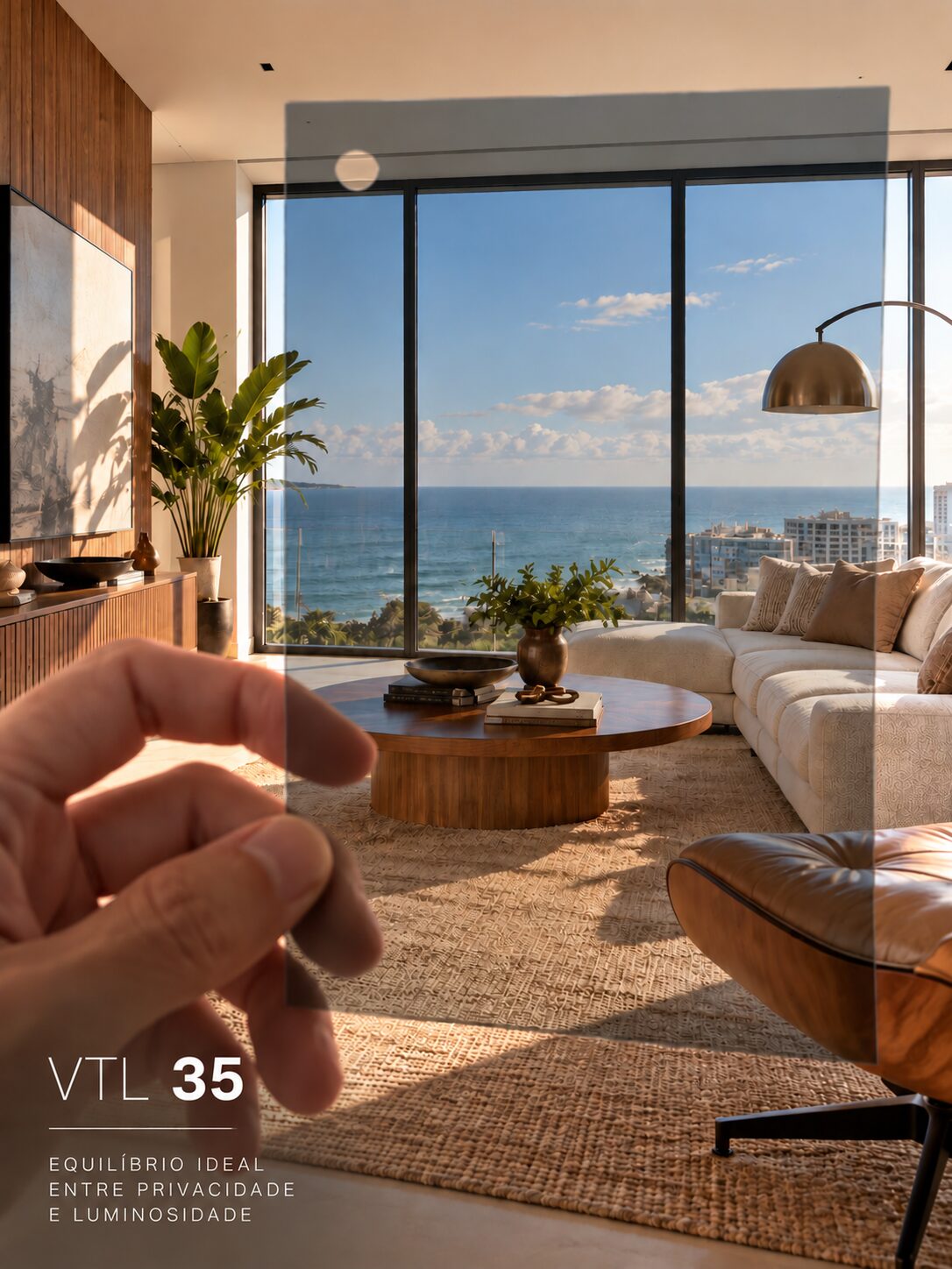 Simulação da película VTL 35 em uma janela com vista para o mar