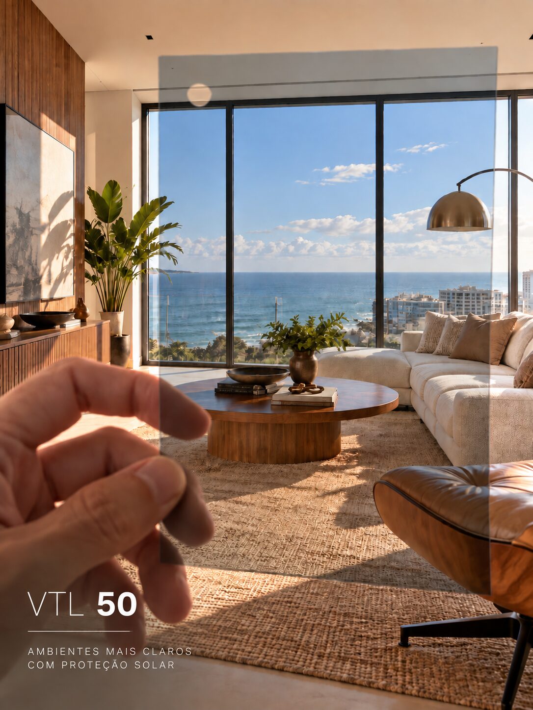 Simulação da película VTL 50 em uma janela com vista para o mar