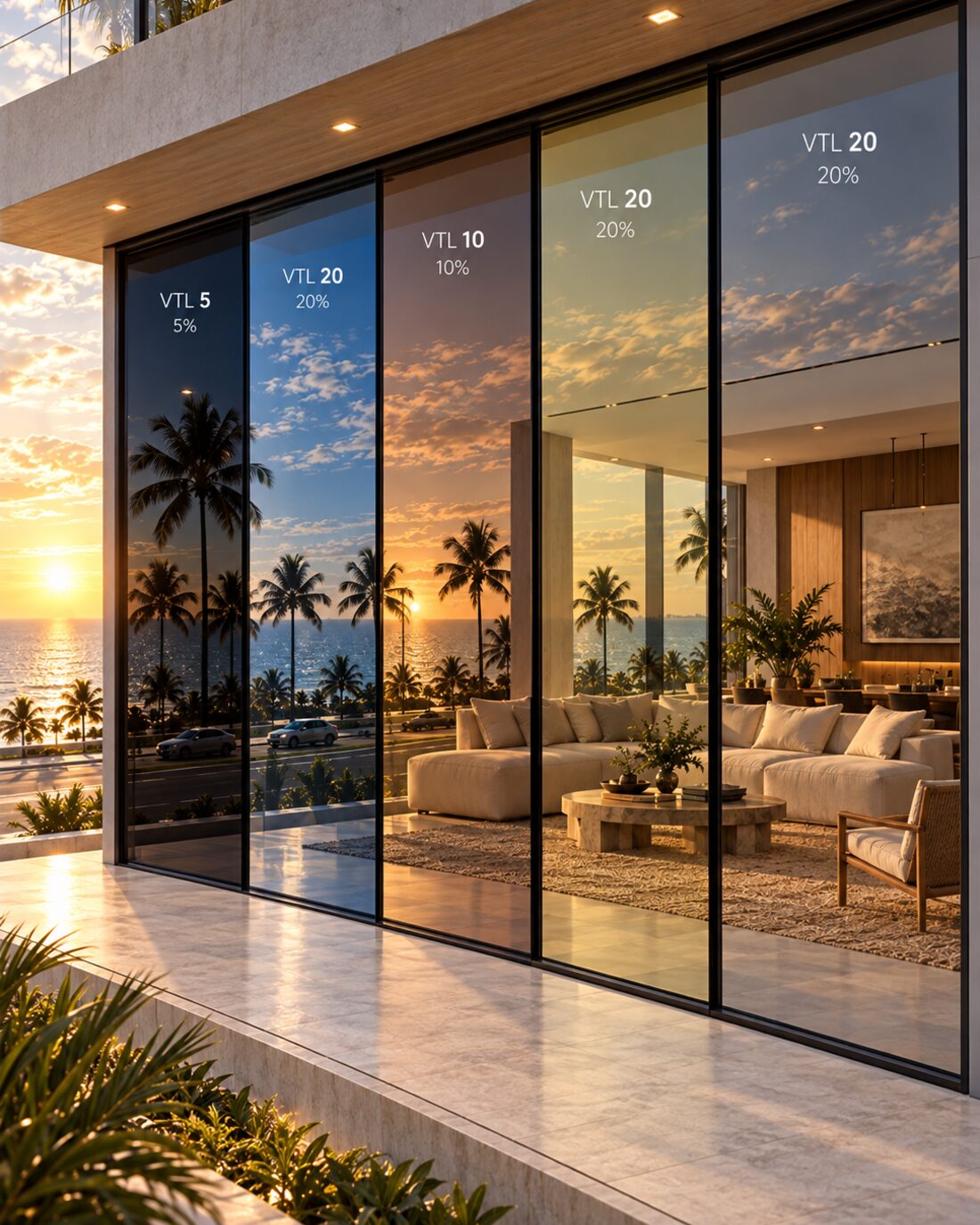 Fachada comercial de vidro com películas em diferentes tonalidades ao pôr do sol