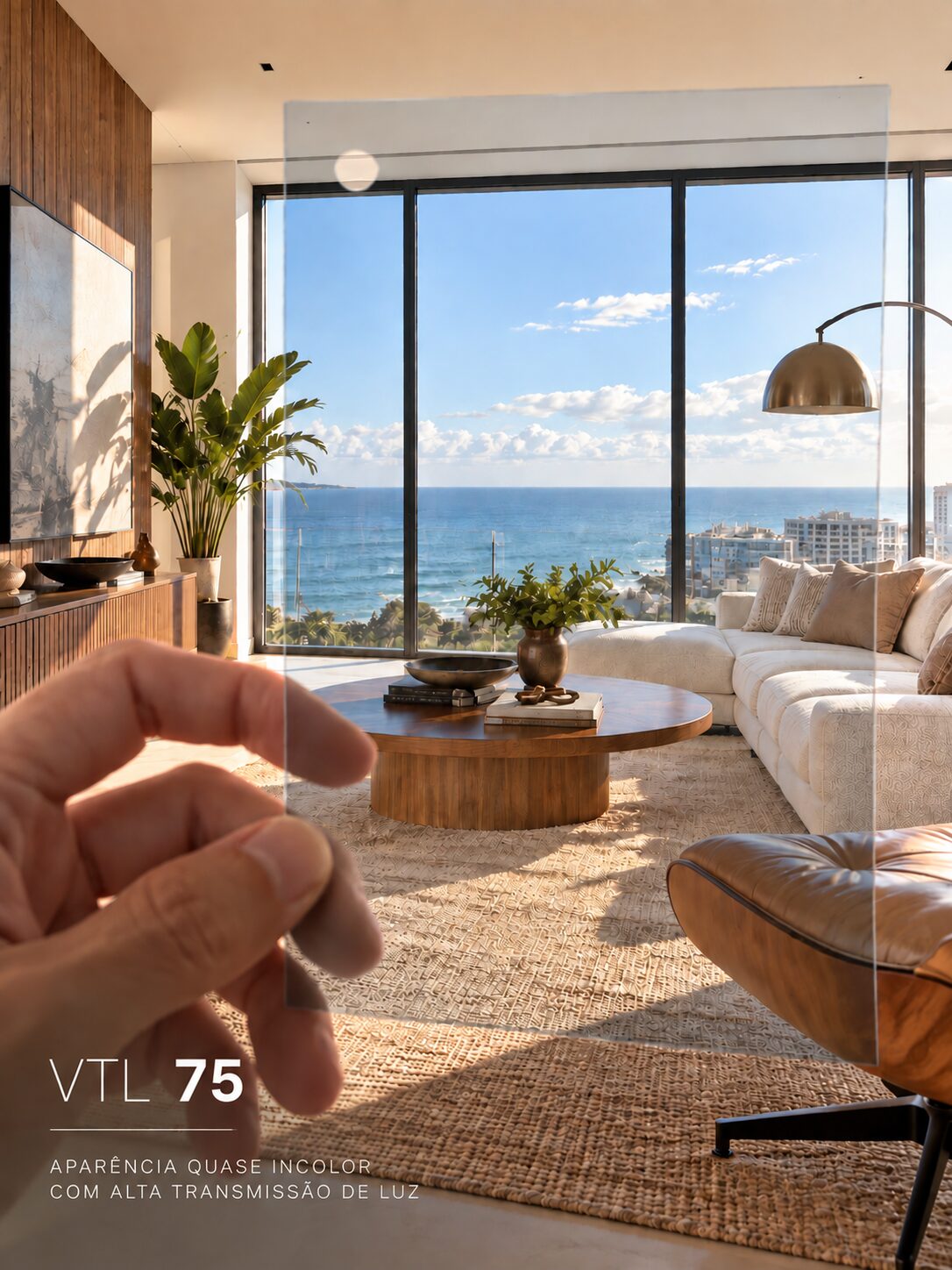 Simulação da película VTL 75 em uma janela com vista para o mar