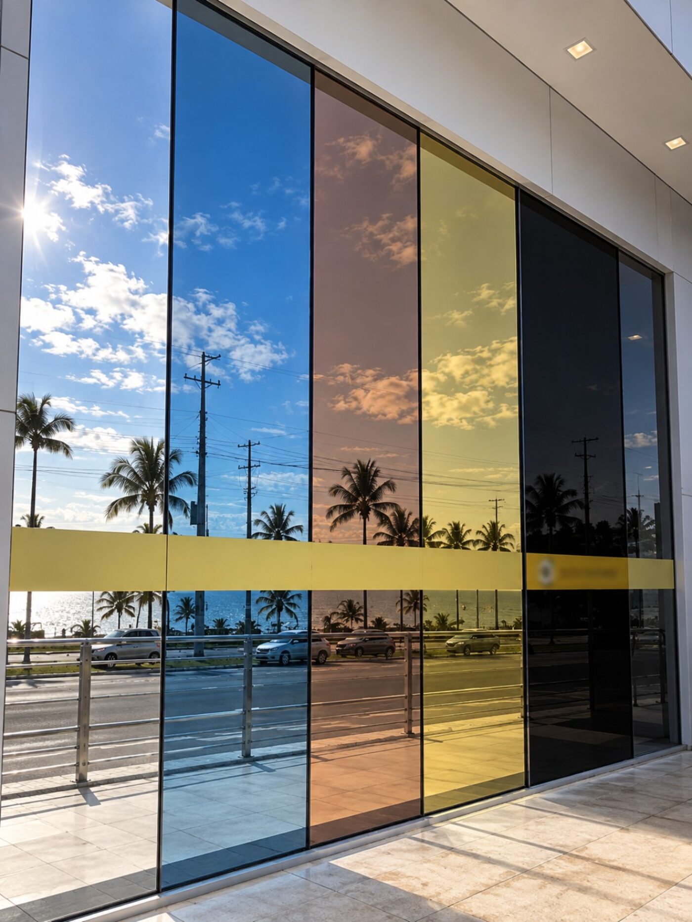 Fachada comercial envidraçada com películas metálicas em diferentes tonalidades refletindo o pôr do sol