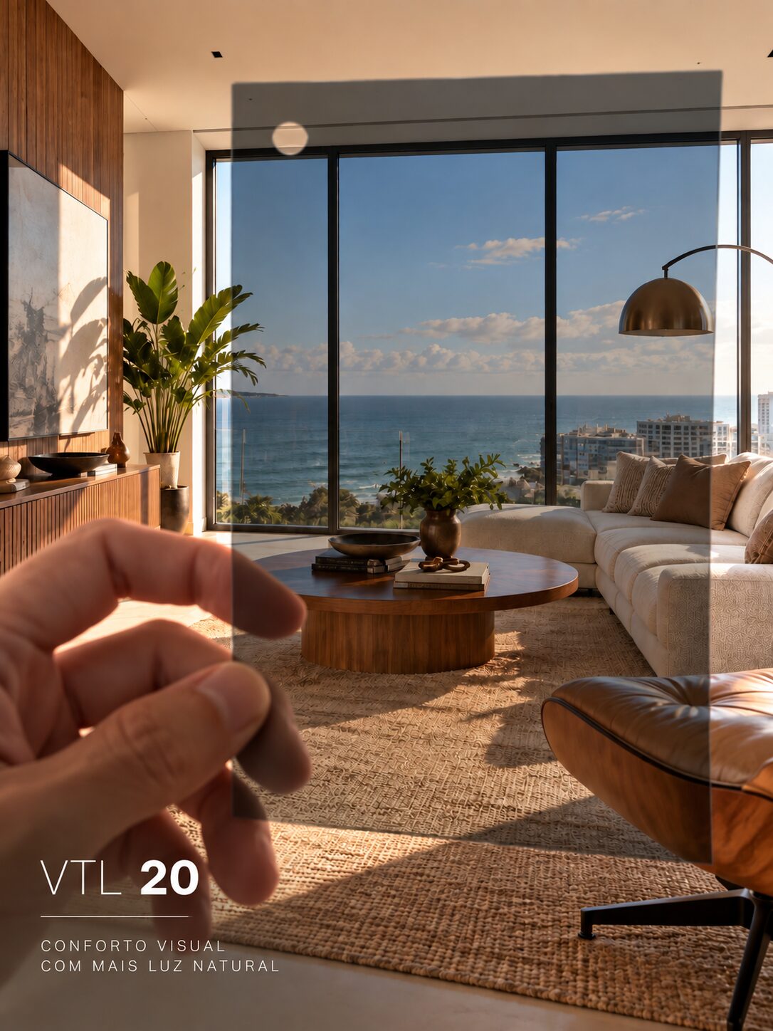 Simulação da película VTL 20 em uma janela com vista para o mar