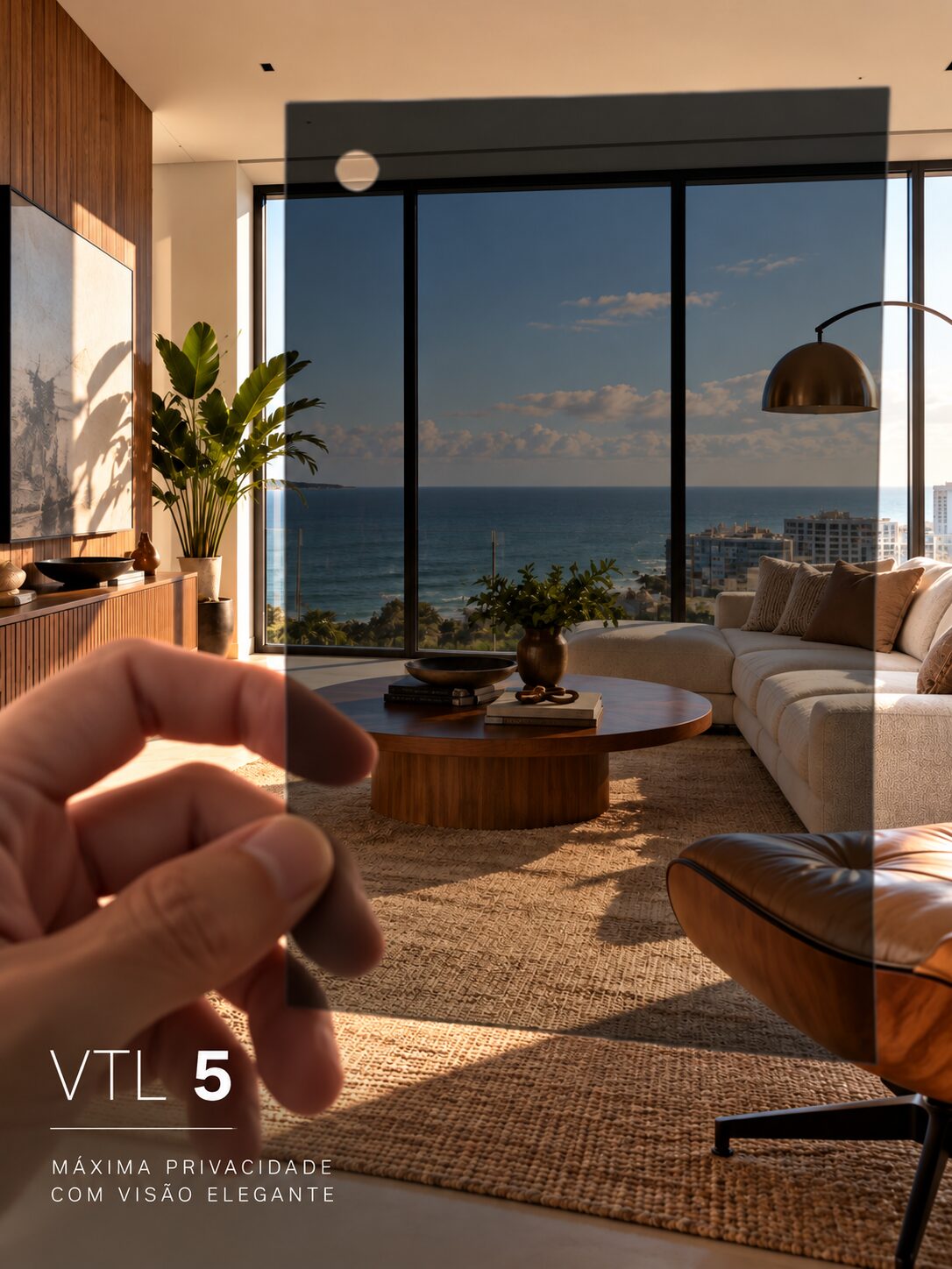 Simulação da película VTL 5 em uma janela com vista para o mar