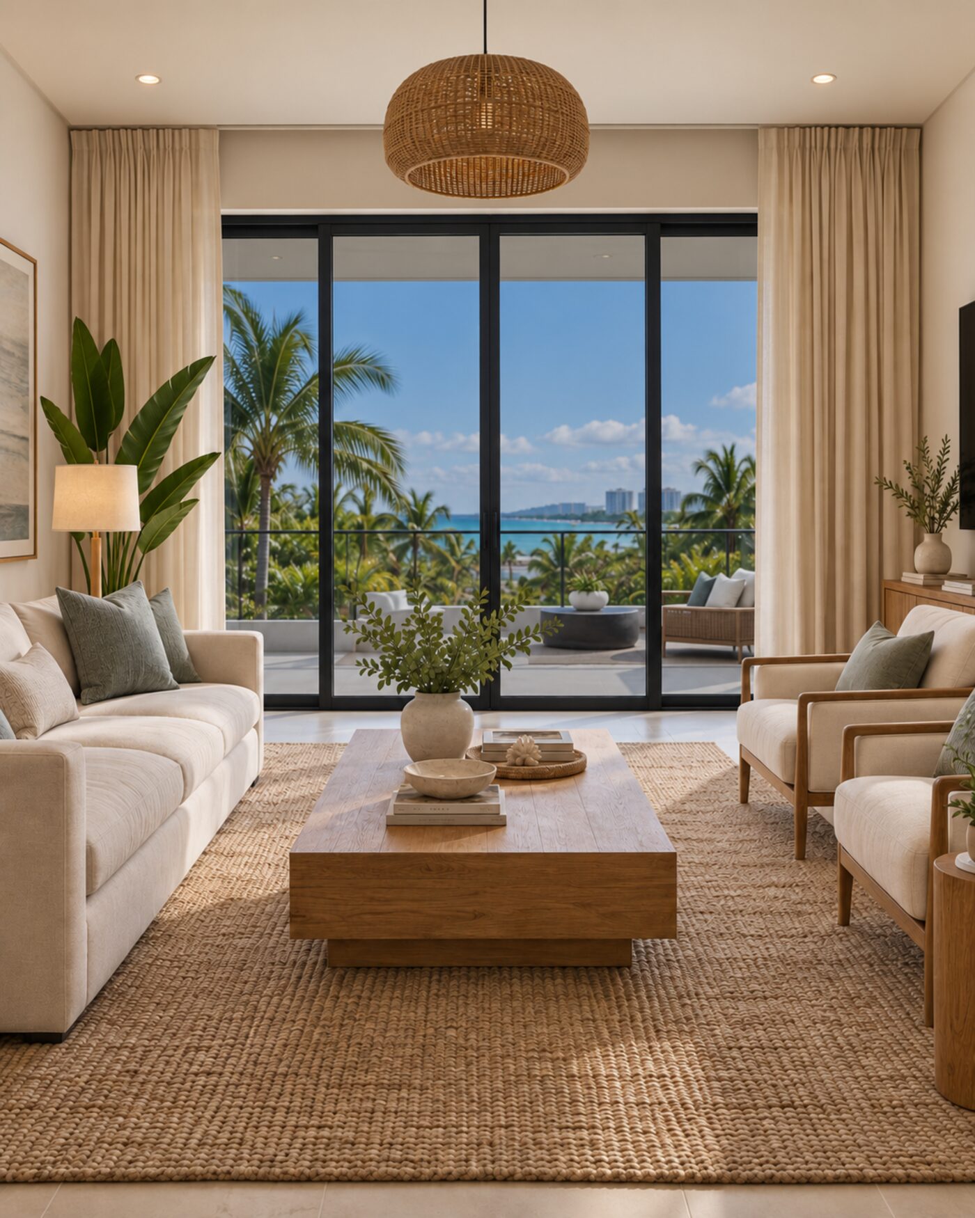 Sala com película aplicada: luz suave e vista nítida do mar
