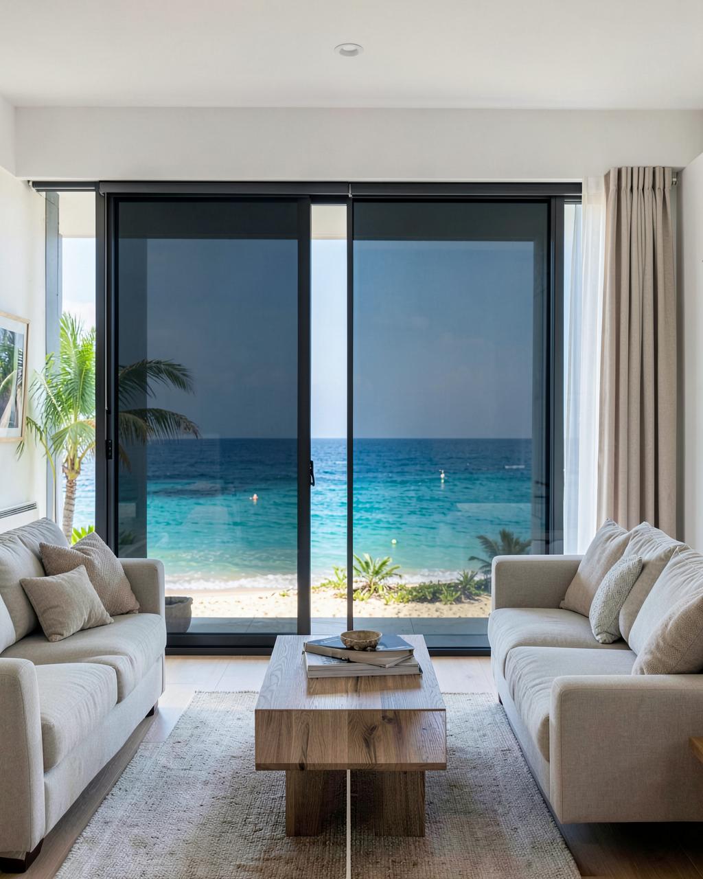 Sala com película aplicada: luz suave e vista nítida do mar