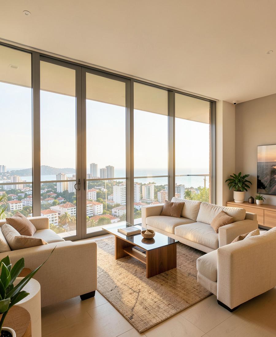 Sala com película solar e vista para o mar